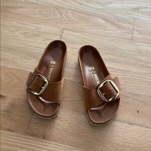 Birkenstock Tan Slide Sandals with Gold Buckle